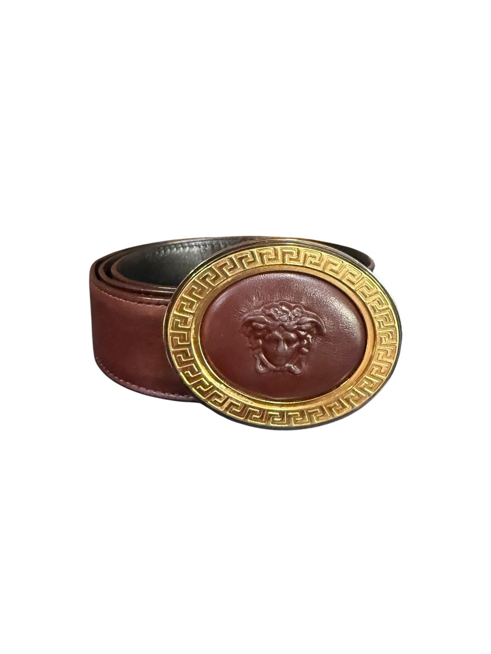 Vintage Gianni Versace Medusa Leather Belt Brown Gold Greek Key Buckle